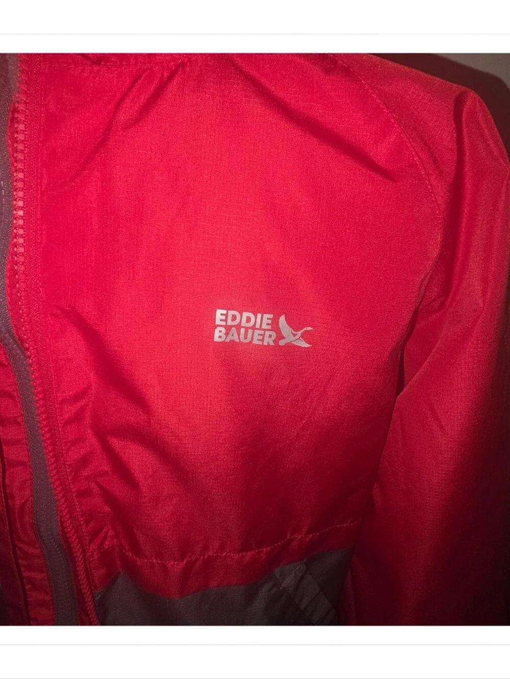 Eddie Bauer Kids Hooded Jacket Red Gray Dual Zip Water‑Resistant L 14/16